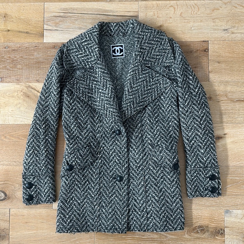 Vintage 2008 Chanel Fall Black White Tweed Wool Sport Jacket 34 XS-S